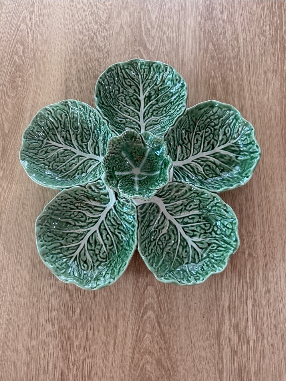 Vintage Bordallo Pinheiro Green Cabbage Leaf 6-Section Serving Platter